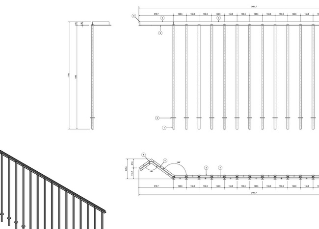 Geländer im Treppenhaus der neuen Schulanlage Halden in Opfikon, Zeichnung