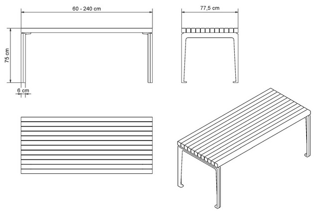 Zeichnung Tisch Dachgarten Gartenmöbel aus Aluminium Guss und Eichenholz oder Aluminium