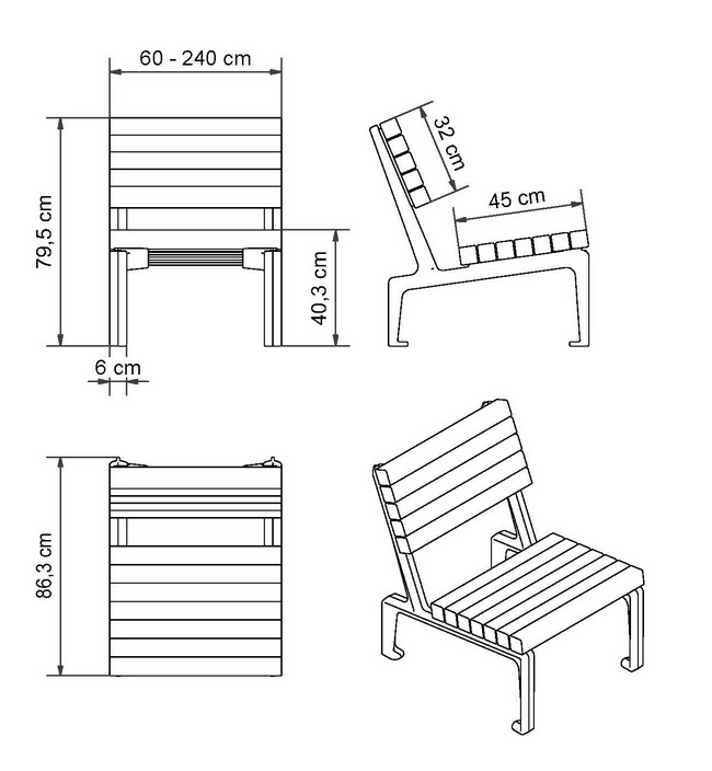Zeichnung Sessel Dachgarten Gartenmöbel aus Aluminium Guss und Eichenholz oder Aluminium