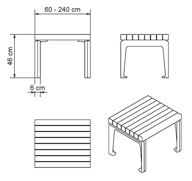 Zeichnung Beistelltisch Dachgarten Gartenmöbel aus Aluminium Guss und Eichenholz oder Aluminium