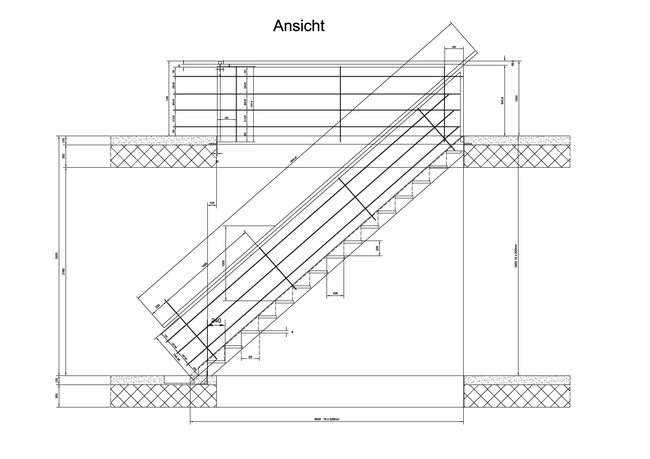Zeichnung Treppe für Büro mit Gitterrost Stufen und Edelstahl- Handlauf