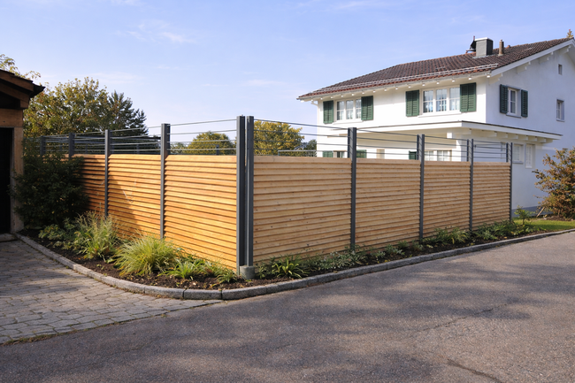 Sicht von der Strasse, Sichtschutz mit Rankgerüst für Rosten. Holzlatten