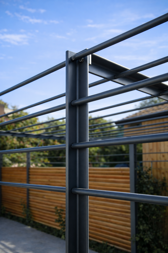 Detail Pergola mit Rundstahl als Rankgerüst. Feuerverzinkt und pulverbeschichtet