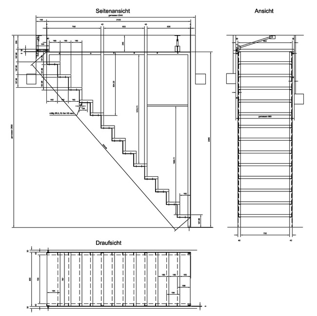 Zeichnung Dachtreppe als Zugang zu Dachterrasse mit Holzstufen und Streckmetall- Verkleidung