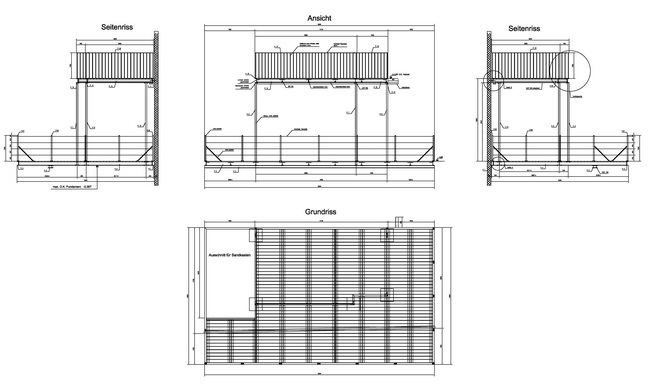 Zeichnung Balkon und Terrasse mit Holzrost und Wasserführenden Untersicht