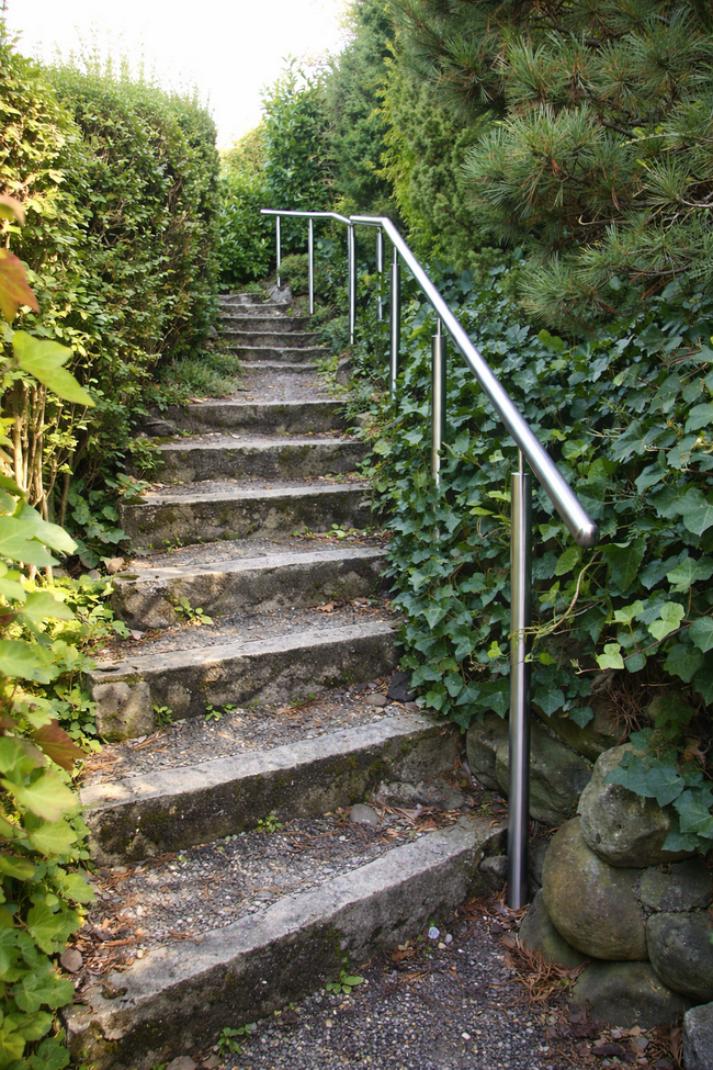 Chromstahlhandlauf für Gartentreppe bei Einfamilienhaus