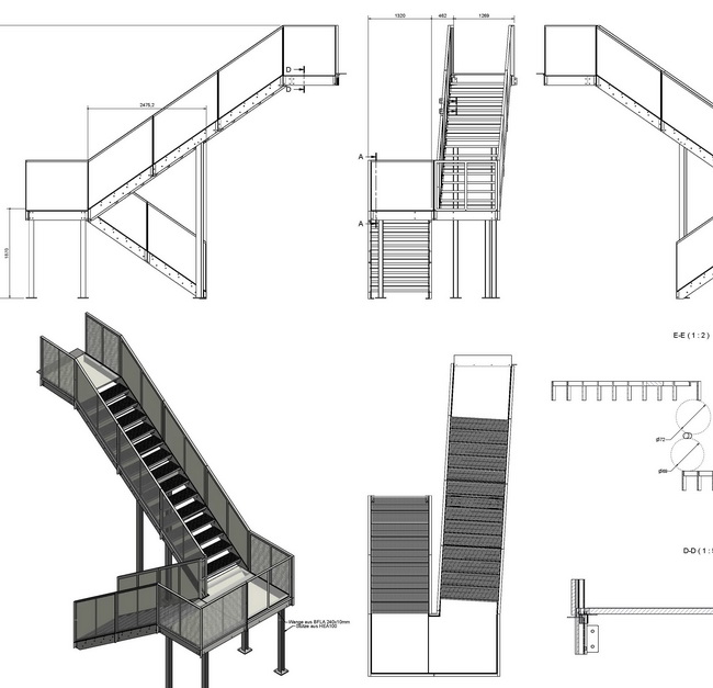 Zeichnung Fluchttreppe mit Streckmetall- Geländer und Gitterrost Stufen