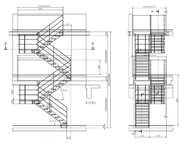 Zeichnung Treppe aus Schwarzblech mit Geländer und Holzstufen, Meili Mader