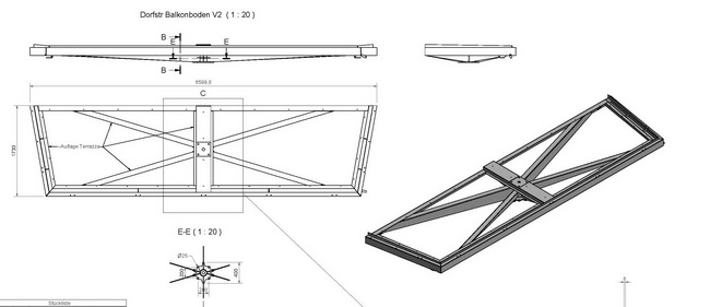 Zeichnung Stahlrahmen doppelte Balkone mit einer Stütze in der Mitte