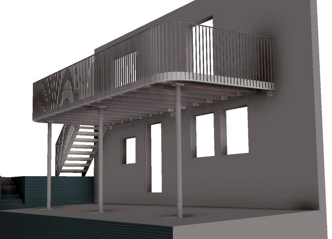 Balkonanbau im 3D Modell mit Geländer und runden Ecken