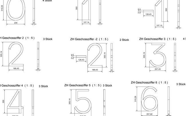 Technische Zeichnung der Metallbuchstaben