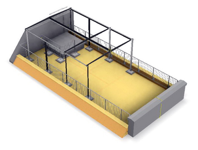 3D Modell der Dachterrasse mit Pergola, Geländer und Holzrost